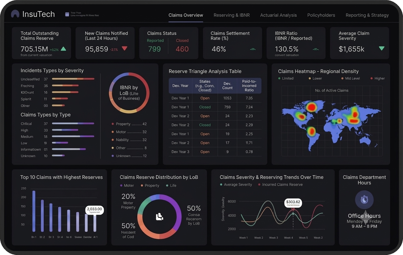 Insutec claims and reserving analytics dashboard showing IBNR ratio, claims status, and reserve triangle analysis